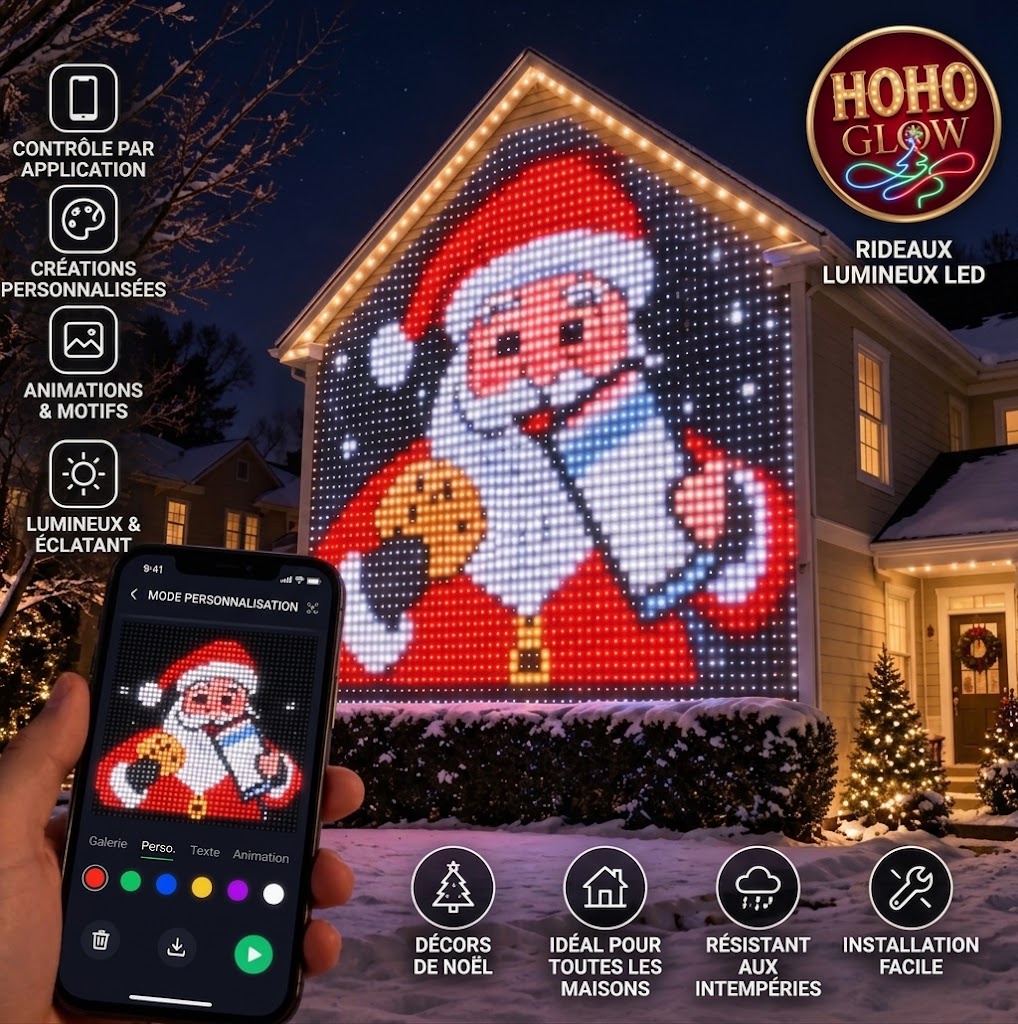 HoHo Glow — LED Light Curtain, custom Santa display on a house facade