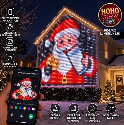 HoHo Glow — LED Light Curtain, custom Santa display on a house facade