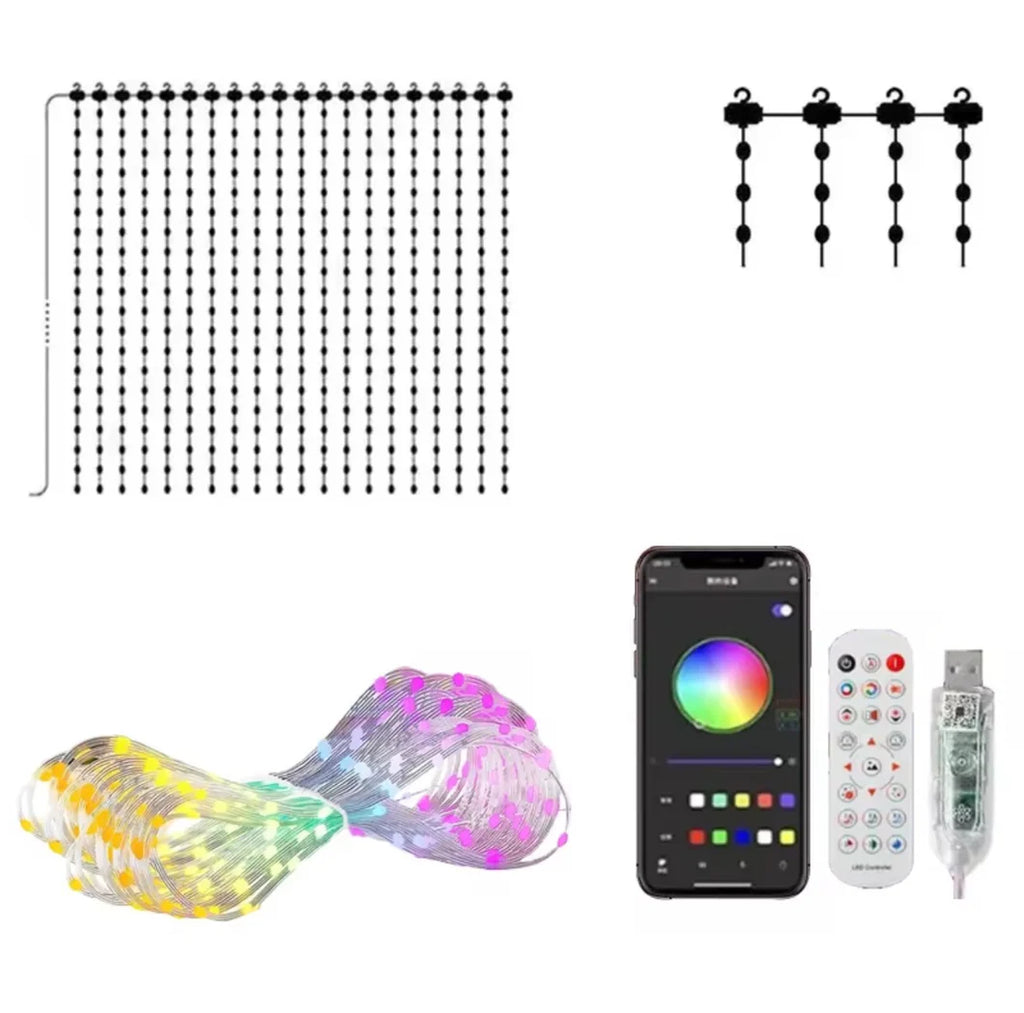 HoHo Glow box contents: LED curtain, hooks, remote control, and USB controller with app